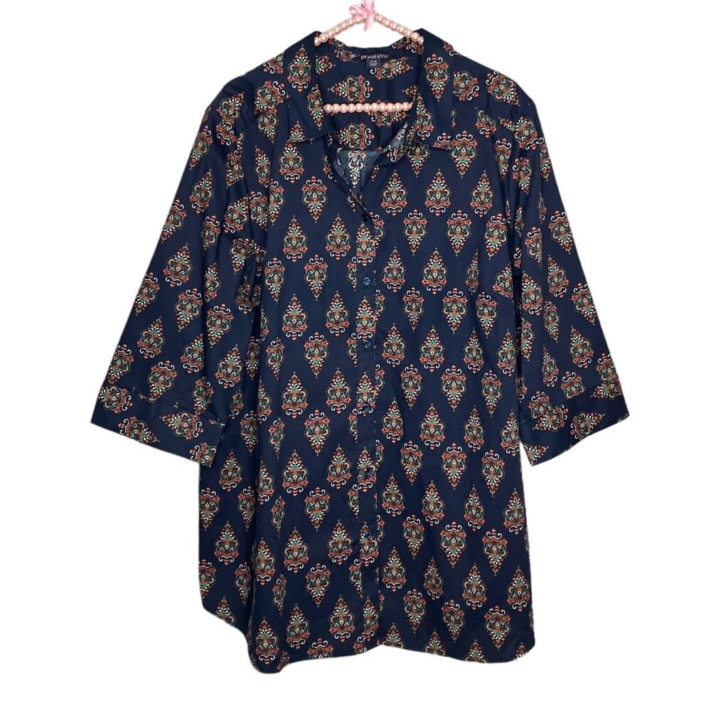 Roaman's 22W Navy Blue Orange Baroque Print Button Down Big Shirt Top Plus